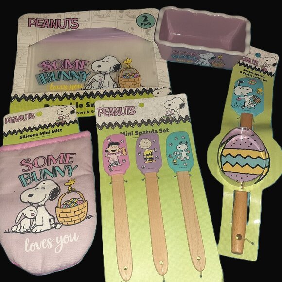 PEANUTS SNOOPY EASTER SET-SILICONE MITT~SPATULAS~COOKIE CUTTER~DISH~SNACK BAGS - Picture 1 of 6
